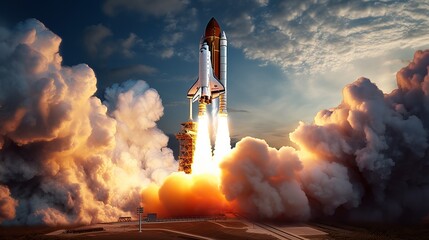 Launch of a new space rocket. On a blue Earth with an amazing sunset, a space shuttle with smoke and blast lifts off into space. - obrazy, fototapety, plakaty