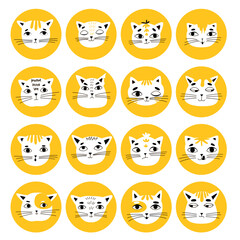 Vector set of icons of cat faces on a white background. Elements for banners, cards, stickers, images. Children's illustration.