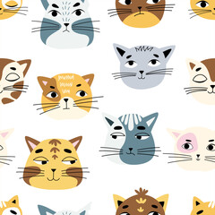 Vector seamless children's pattern with cat faces on a white background. Suitable for baby prints, baby room decor, wallpapers, wrapping paper, stationery, scrapbooking, etc.