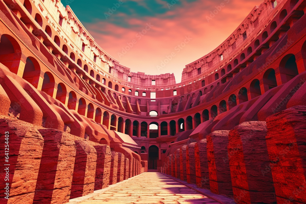 Poster an abstract depiction of the iconic colosseum, with bold lines and shades of earthy red. generative 