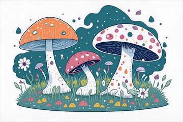 Cartoon mushrooms. Fairy tale style. AI generated illustration