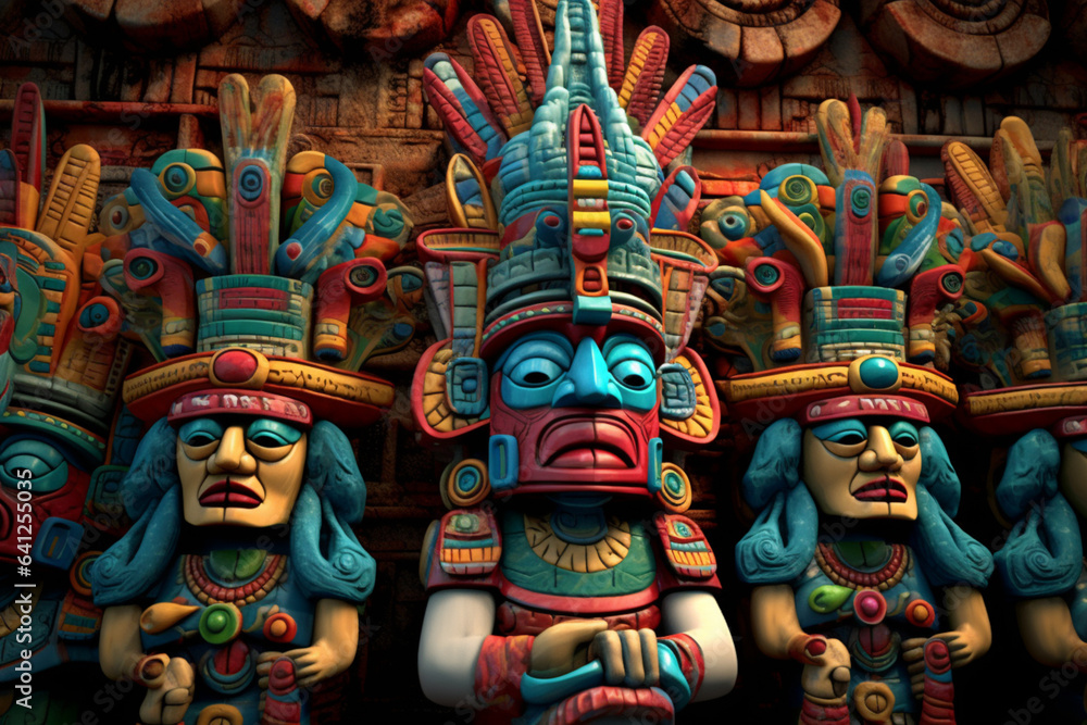 Poster an image showcasing abstract representations of maya gods and deities, with symbolic shapes and bold