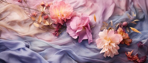 Fluid silk echoing the whispers of pastel dreams; craft an odyssey of color and texture, narrated through flat lay. Unique wedding card, fashion event, cosmetic design, wallpaper texture. 