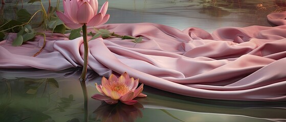 Fluid silk infused with subtle pastel reflections; envision a tranquil pond under the canopy of twilight, showcased flat lay. Cosmetic, wedding, fashion, glamor, spa design. Wallpaper texture. 