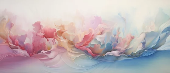Fotobehang Fluid silk panorama painted in ethereal pastels  envision a world where dreams and reality coalesce in flat lay. Luxurious glamor, jewellers, cosmetics or fashion backgrounds graphics. Wallpaper.  © Dannchez