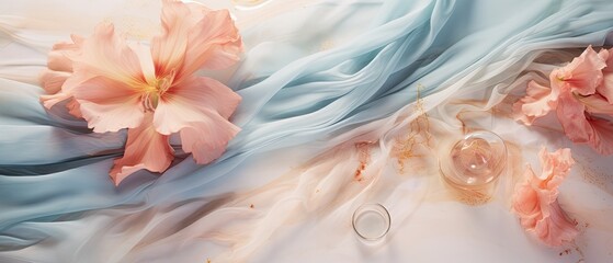 Pastel sonnet on the canvas of fluid silk; encapsulate the essence of poetic musings translated into flat lay imagery. Unique wedding, fashion event,  wallpaper texture. Presentation or promotion. 