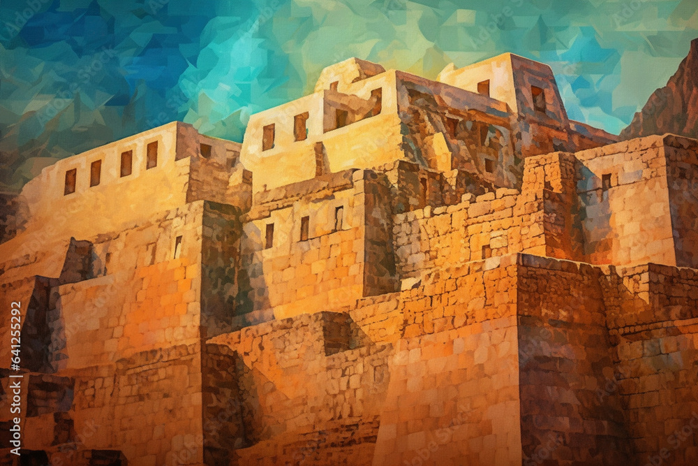 Aufkleber an abstract depiction of the inca citadel of machu picchu, with stylized forms and a mix of vibrant 
