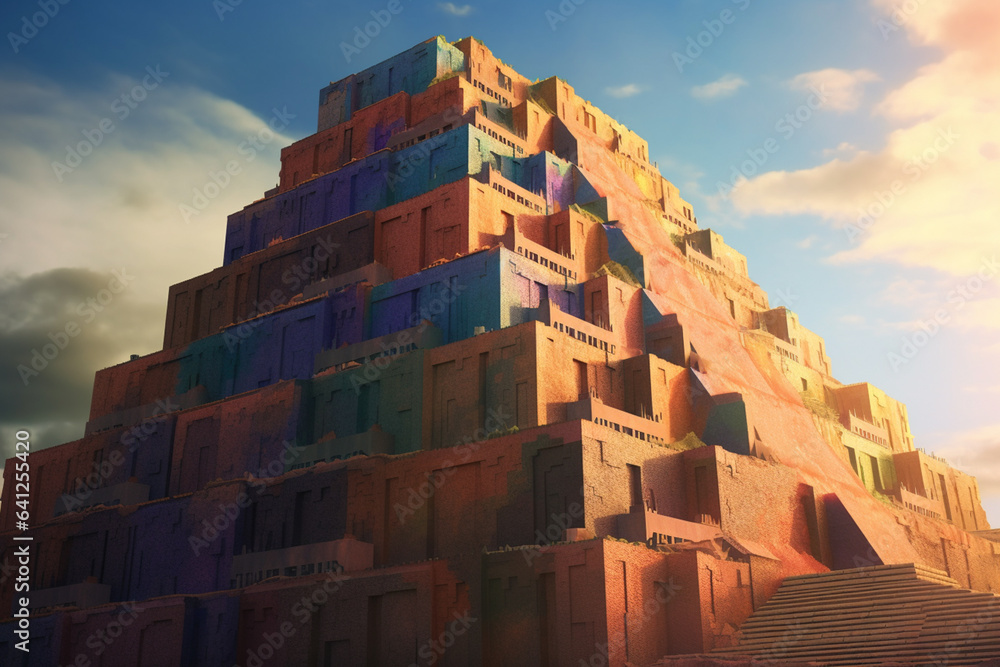 Aufkleber an abstract depiction of the ziggurat of ur, with geometric shapes and earthy tones. generative ai t