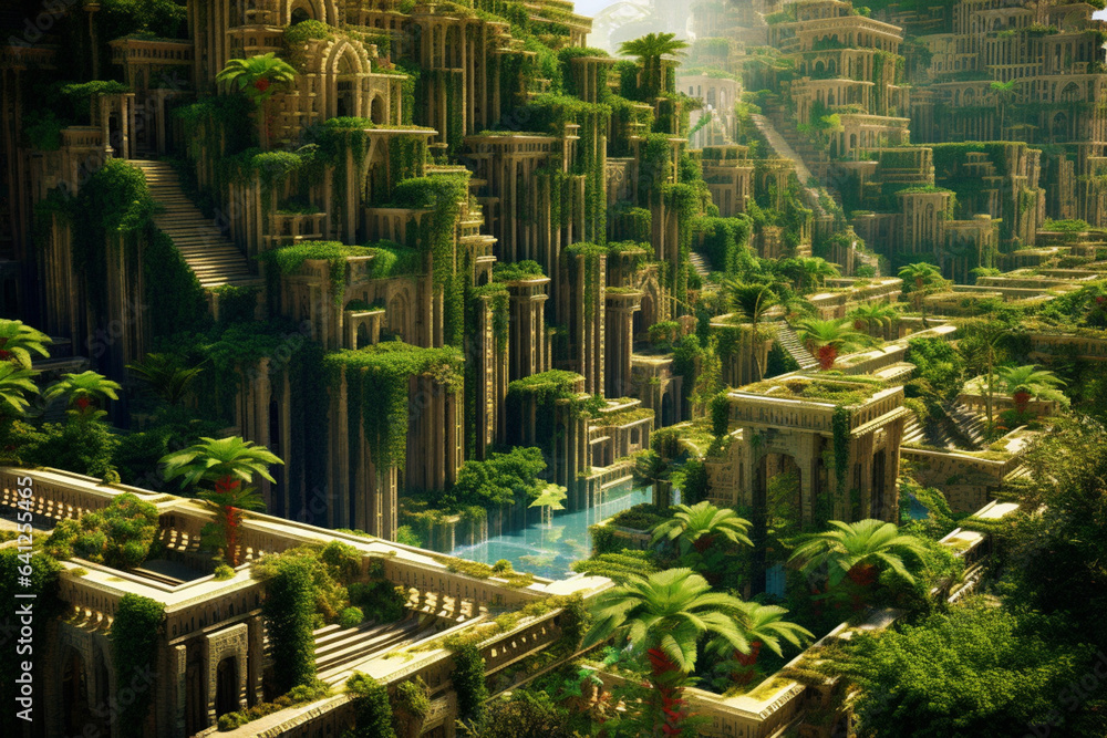 Aufkleber An image featuring abstract representations of the Hanging Gardens of Babylon, with flowing lines and lush green tones. Generative AI technology.