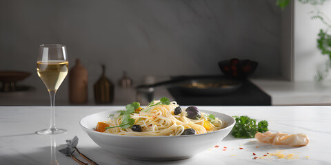 Spaghetti pasta on white plate. Italian food.