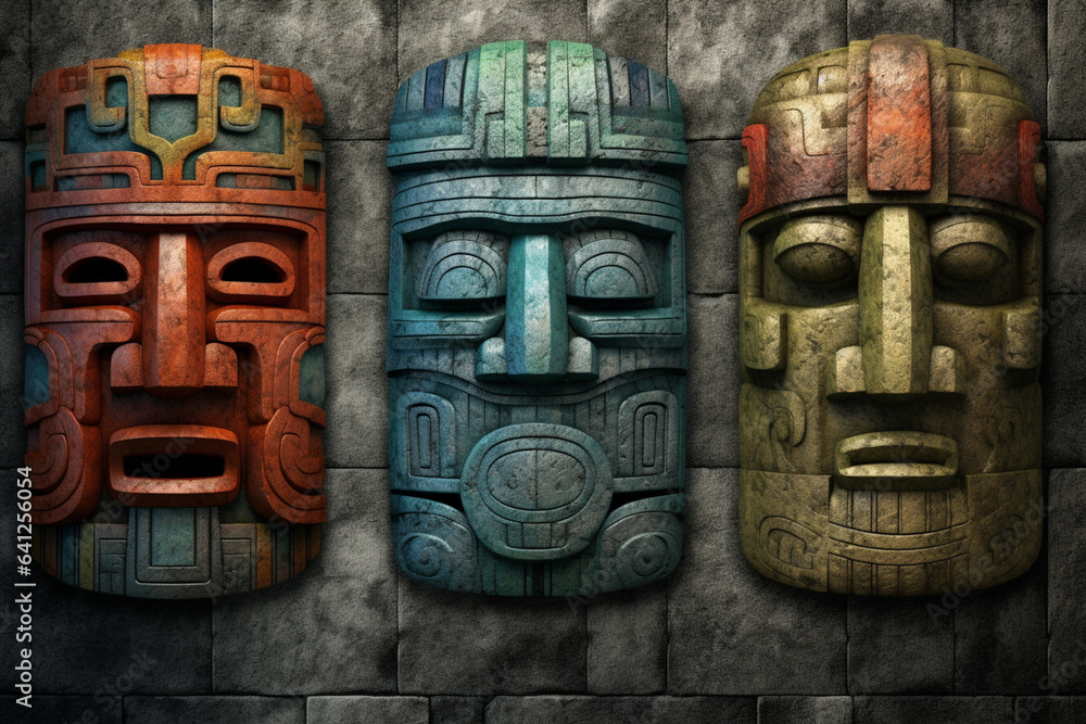 Leinwandbilder An image showcasing abstract interpretations of Olmec masks, with stylized features and a mix of warm and cool colors. Generative AI technology.