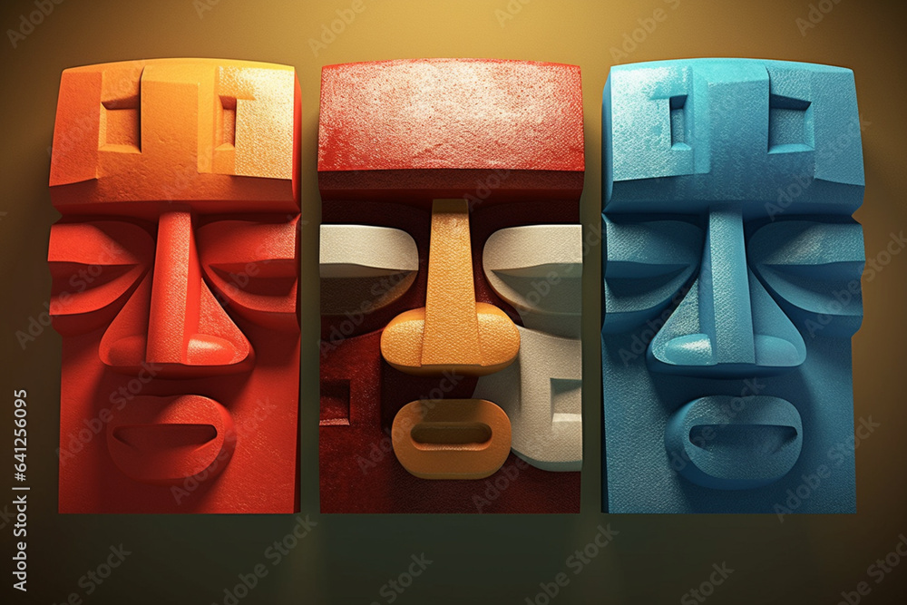 Fototapete an abstract portrayal of iconic olmec symbols, with abstract shapes and a symbolic color palette. ge