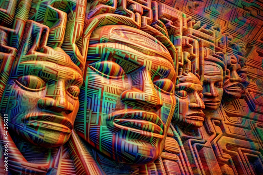 Fototapete an abstract portrayal of olmec trade routes, with intersecting lines and vibrant colors. generative 