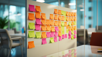 Sticky notes and push pins on a whiteboard with an office setting