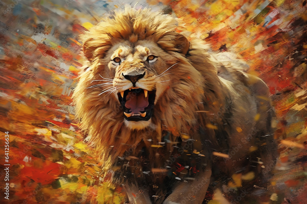 Poster an image showcasing abstract interpretations of assyrian lion hunts, with energetic brushstrokes and