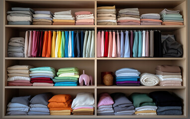 A shelving unit adorned with neatly folded and color-coordinated clothing items