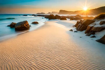  Beach scene with golden sand dunes undulating in the wind
