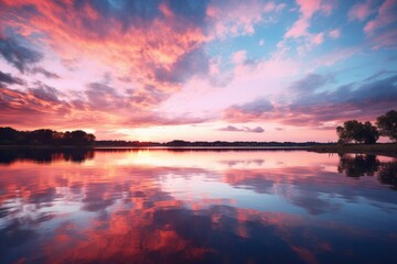 Fototapeta premium Pastel Hued Sunset Over A Tranquil Lake, Generative AI