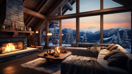 Cozy living room in modern minimalist chalet with Christmas decor. Blazing fireplace, burning candles, elegant Christmas tree, comfortable cushioned furniture, panoramic window with mountains view.