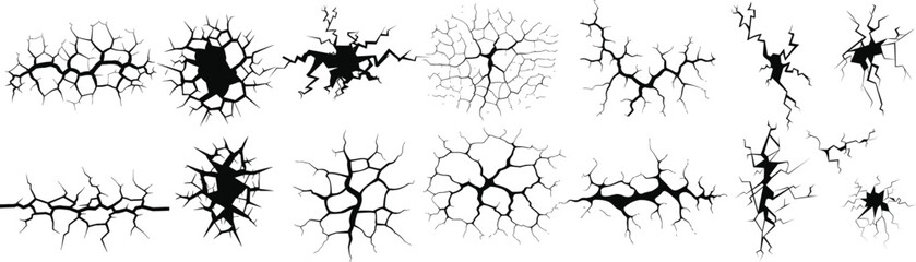 Ground cracks, horizontal breaks on land surface isolated on background. 