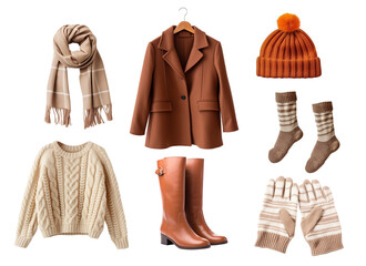 Set of autumn cozy clothes isolated. PNG file with transparency. Generative Ai 