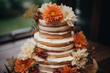 Obraz na płótnie Canvas Autumn wedding: wedding naked cake with orange Barberton daisy flowers