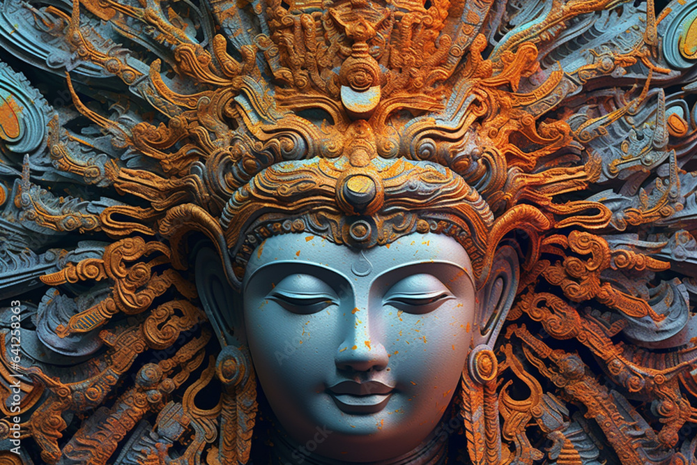 Poster An abstract interpretation of Gandhara art, with flowing lines and delicate motifs.  Generative AI technology.