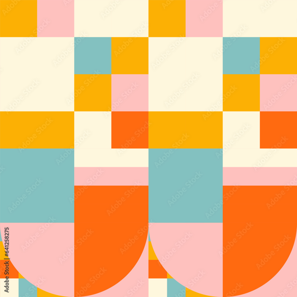 Poster Simple geometric seamless pattern. Modern abstract background with circle, semi circle, square, rectangle stripe shapes in pastel colors.