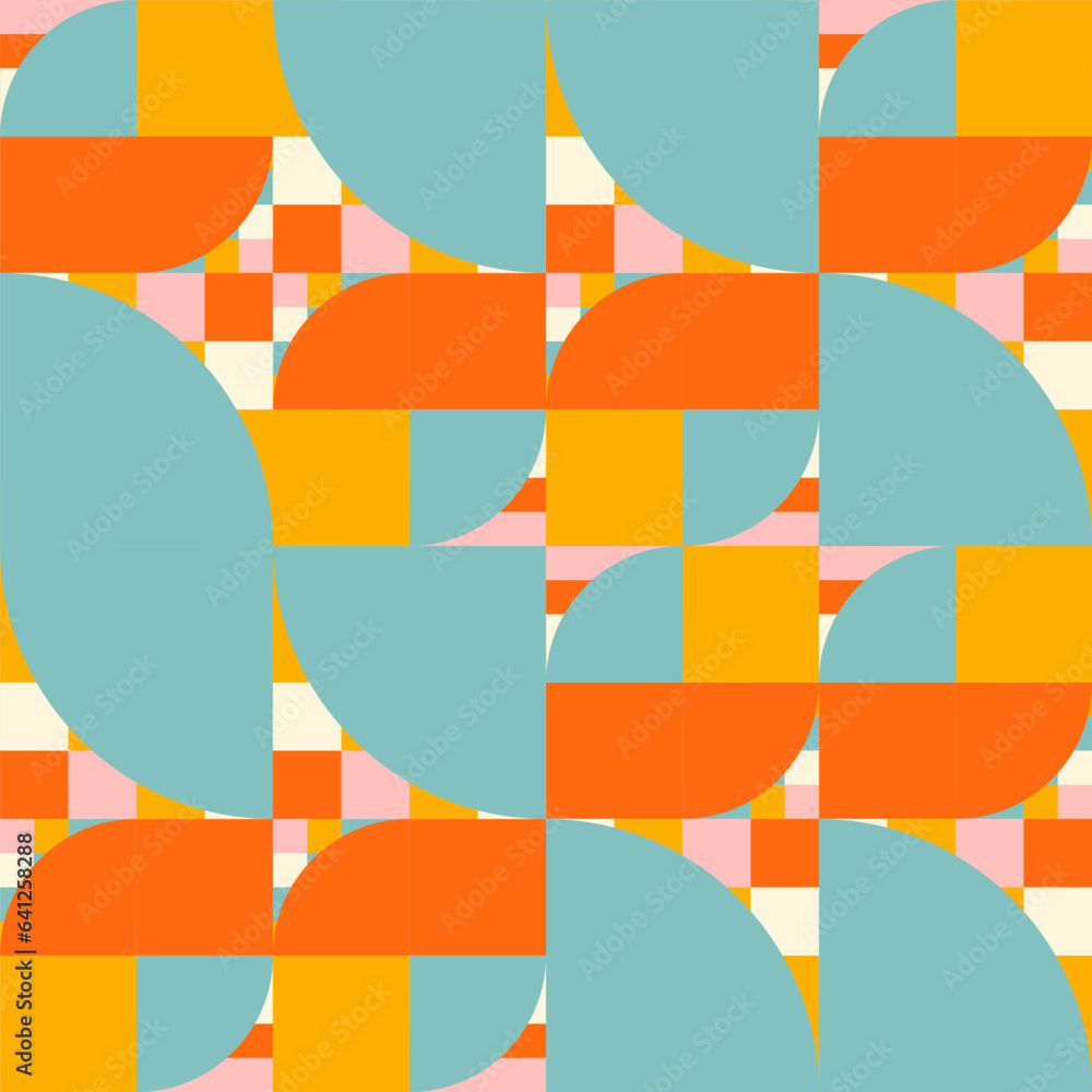 Poster Simple geometric seamless pattern. Modern abstract background with circle, semi circle, square, rectangle stripe shapes in pastel colors.