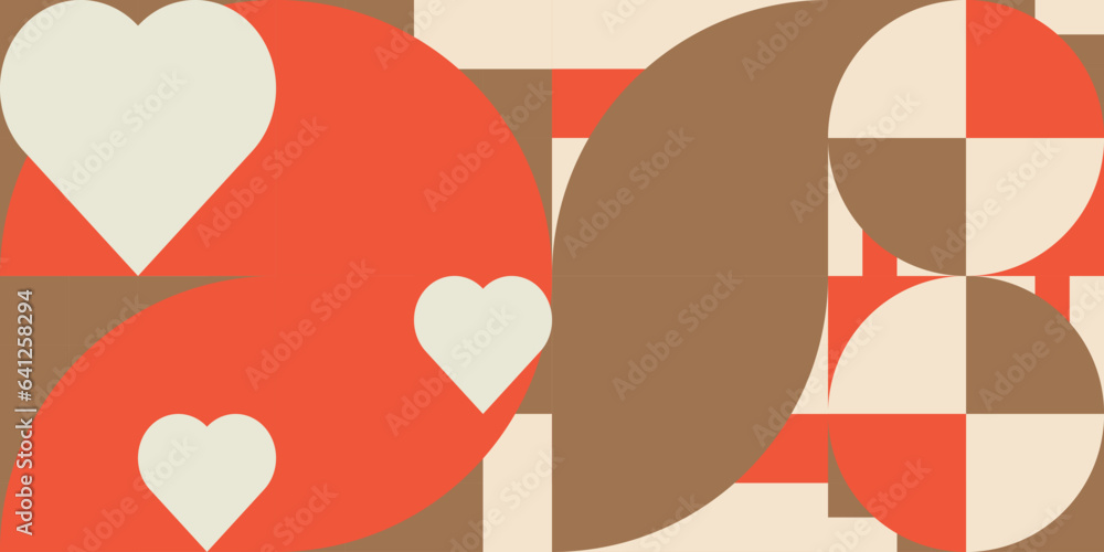 Fototapete Romantic vector abstract  geometric background with hearts, circles, rectangles and squares  in retro scandinavian style. Pastel colored simple shapes graphic pattern. Abstract mosaic artwork.