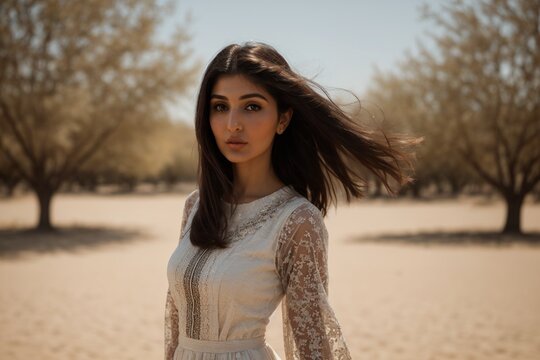outdoor fashion photo of a beautiful persian woman with dark hair in casual clothes posing in the desert of Cyprus