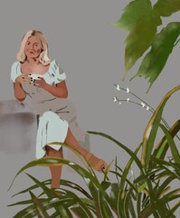 A girl/woman with a mug of tea/coffee resting among the plants