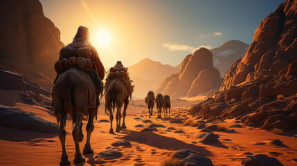Bedouins in national costumes lead camel caravan through desert - obrazy, fototapety, plakaty