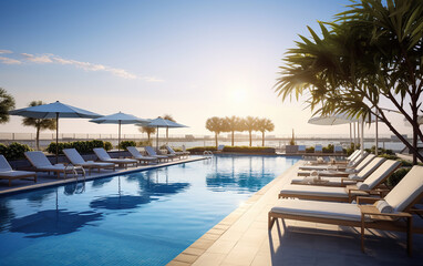 Fototapeta premium The hotel's swimming pool area, showcasing the pool and lounge chairs