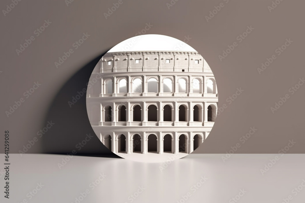 Aufkleber A minimalist graphic design of the Colosseum, featuring clean lines and simplified geometric forms. Generative AI technology.
