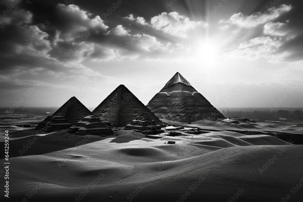 Poster a black and white photograph of the pyramids of giza, taken from an unconventional angle that highli