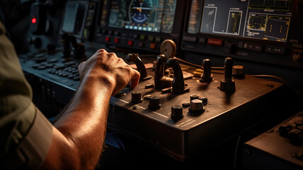 A shot of the pilot's hands firmly grasping the control yoke or joystick - obrazy, fototapety, plakaty