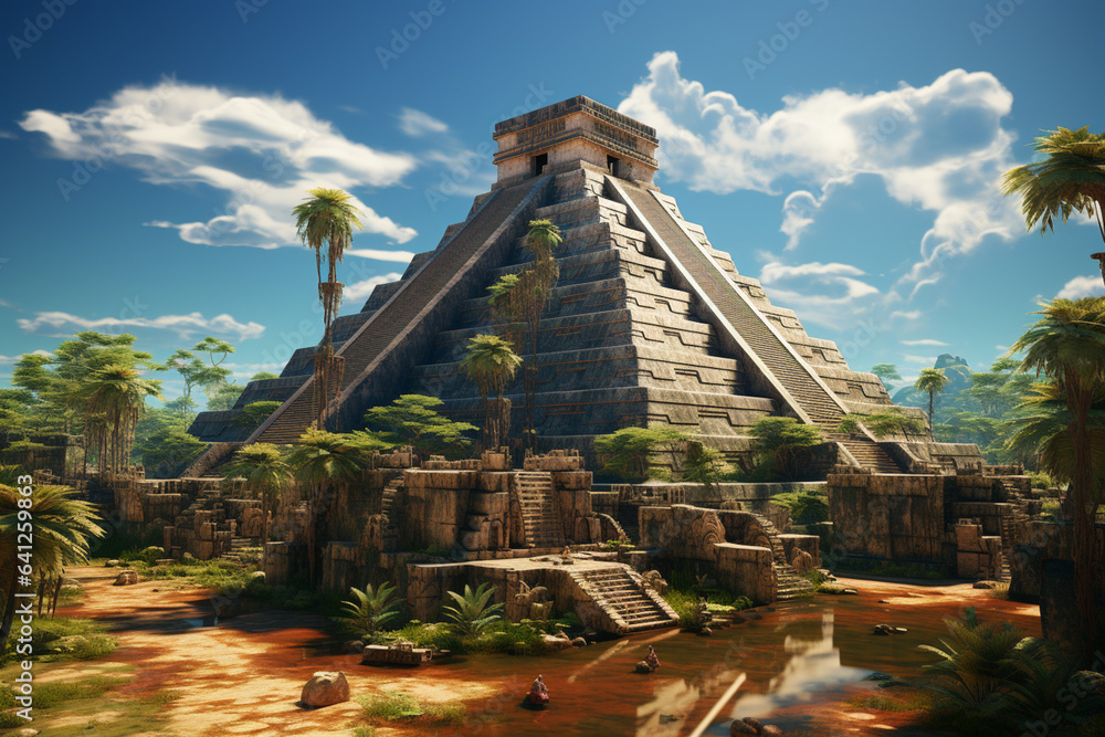 Poster  This interpretation of the Great Pyramid of Chichen Itza highlights its grandeur and significance through abstract and geometric forms. Generative AI technology.