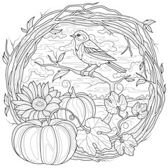 Bird and pumpkins in a wreath.Coloring book antistress for children and adults. 