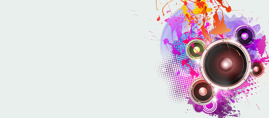 watercolor splash and sound speakers banner