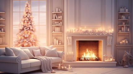Fototapeta premium Interior of classic white living room with Christmas decor. Blazing fireplace, garlands and burning candles, elegant Christmas tree, comfortable cushioned furniture, bookshelves, large window.