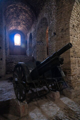 Fototapeta na wymiar Interiors with the cannons of the fortress of the Ottoman castle of Gjirokaster or Gjirokastra. Albanian