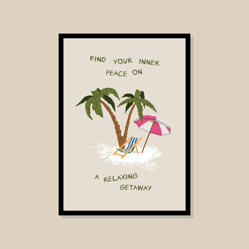 Lounge chair with umbrella in front of palm trees vector art print poster for your wall art gallery	