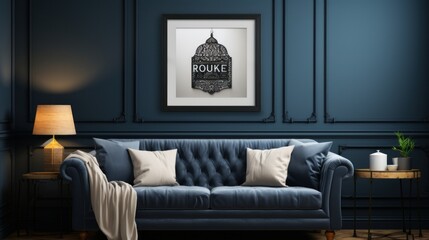 Front view of a modern classic living room. Dark blue wall with poster template, blue chester sofa with cushions, coffee table, table lamp. Home decor. Mockup, 3D rendering.