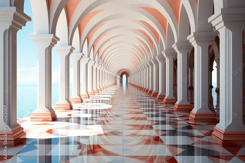 Poster a minimalist representation of a roman colonnade, using simple geometric shapes and a monochromatic 