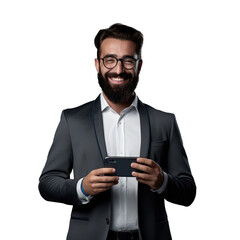 Young man with beard and glasses on transparent background holding credit card and smartphone Shopping and making payment online
