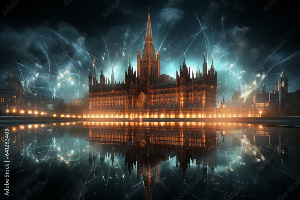 Poster a digital artwork of the palace of westminster, utilizing geometric patterns and lines to depict the