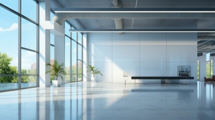 Interior of luxury empty open space office area in modern building. Glossy floor, white columns, plants in floor pots, huge floor-to-ceiling windows with urban landscape view. Template, 3D rendering.