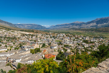 Fototapeta na wymiar The city from the viewpoint of the Ottoman castle fortress of Gjirokaster or Gjirokastra. Albanian