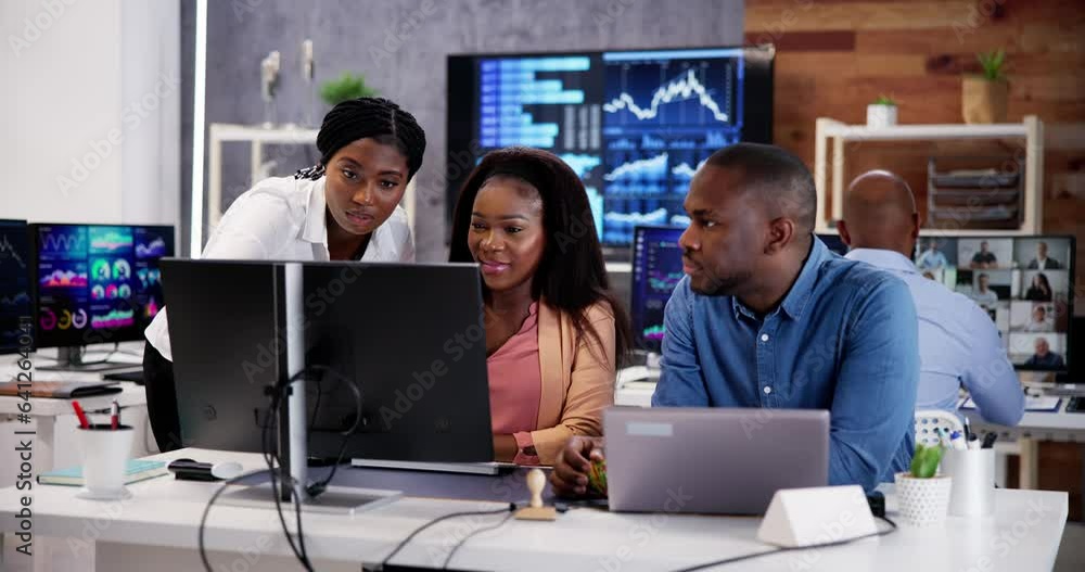 Aufkleber african financial data analysts using dashboard on screens